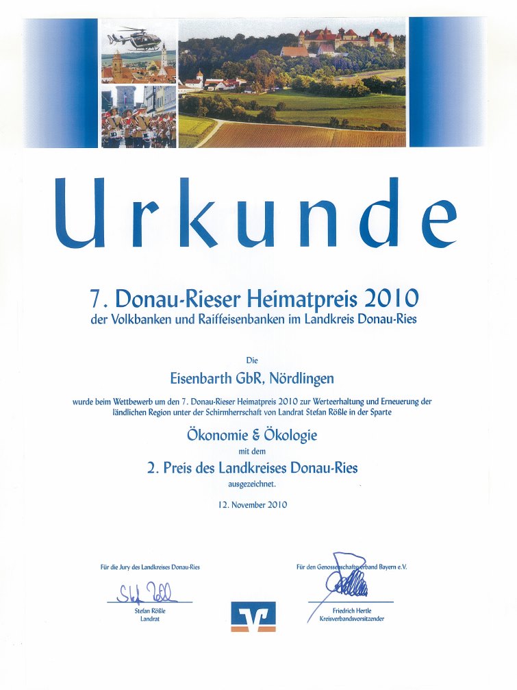 Urkunde Donau-Rieser Heimatpreis 2010 - 2. Preis